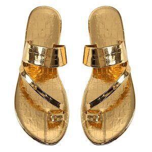 Oyoangle Size 11 Sandals Gold Metallic Leather Toe Ring Slide Flat Slip-On